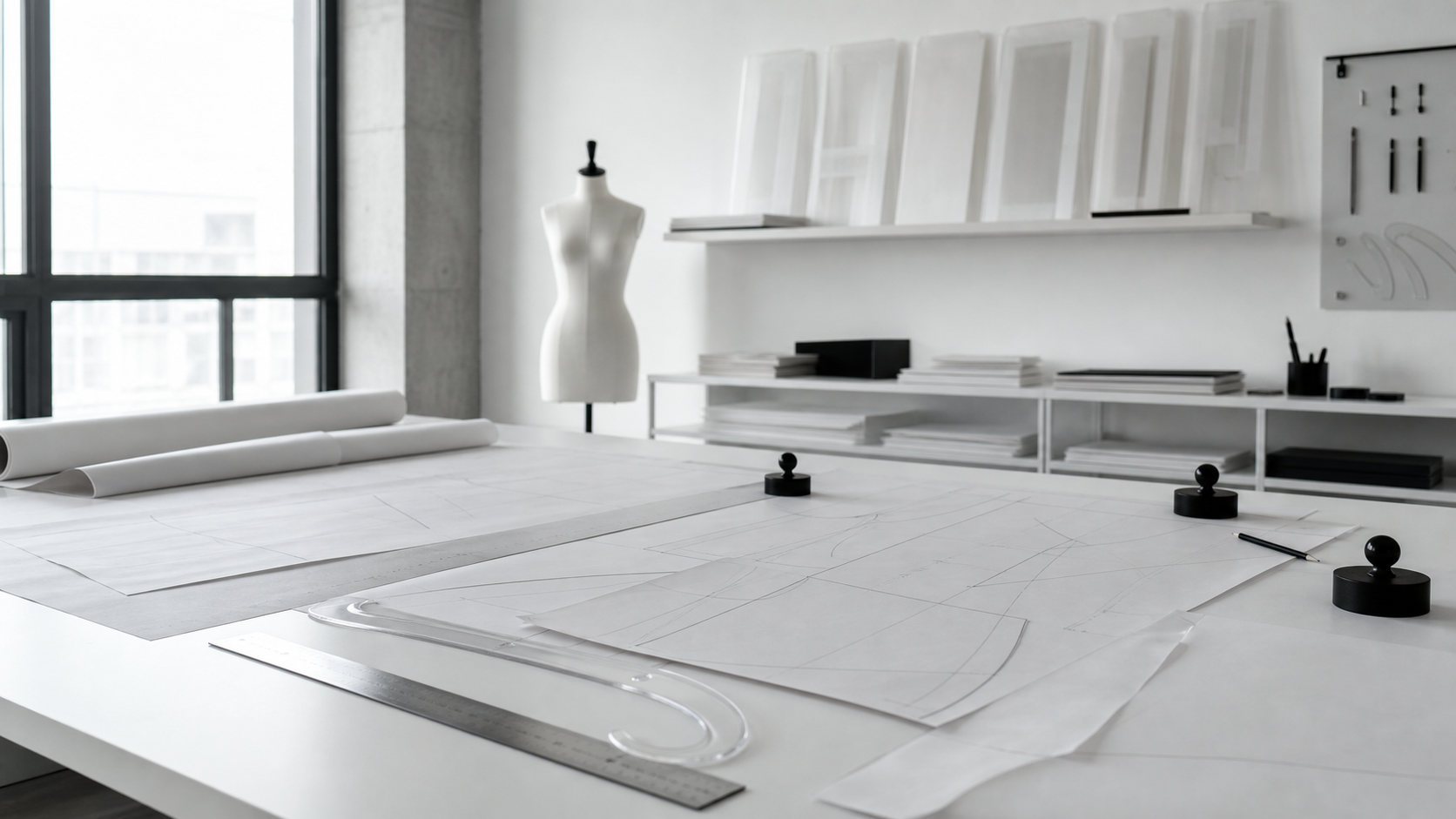 An unoccupied pattern studio with paper patterns and precision drafting tools